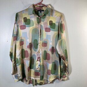Womens Fore 70s Retro Multicolored Satin Shirt Abstract Long Sleeve S Polyester